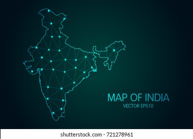 Map of India - With glowing point and lines scales on the dark gradient background, 3D mesh polygonal network connections.Vector illustration eps 10.