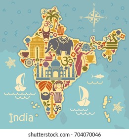 Map of India with icons. Traditional symbols of culture and architecture of India