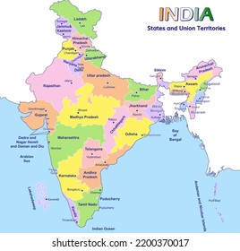  Map of India, illustration political map of  states India nation, Delhi , Mumbai, Kolkata and Chennai, political map of India, vector infographics,  location map of India Outline 