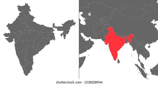 Map of India with location on asian map