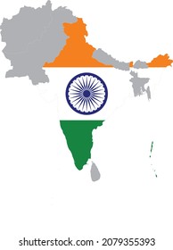 Map of India with national flag inside the gray map of South region of Asia