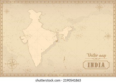 Mapa de India en el viejo estilo, gráficos marrones en estilo retro de fantasía