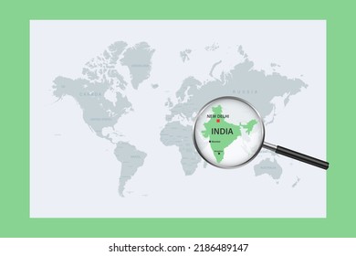 Map of India on political world map with magnifying glass