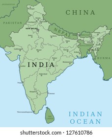 Map of India. Outline illustration country map with major cities (state capitals).
