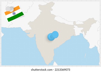 Map of India with a pinned blue pin. Pinned flag of India, vector illustration.