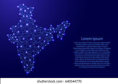 Map of India from polygonal blue lines and glowing stars vector illustration