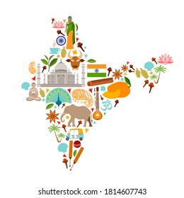 Map of India from popular country symbols. Art print for home decor. Travel map in flat style isolated on white background. Printable wall sticker, decal. Travel art.