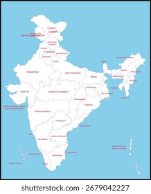 Mapa da Índia com regiões marcadas em vermelho sobre um fundo azul.