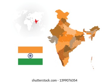 Map of India with rivers and lakes, national flag of India, world map as background. Map consists of separate maps of federal states and union territories that can be used separately. 