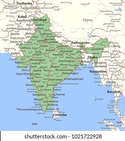 Map of India. Shows country borders, urban areas, place names and roads. Labels in English where possible.
Projection: Mercator.