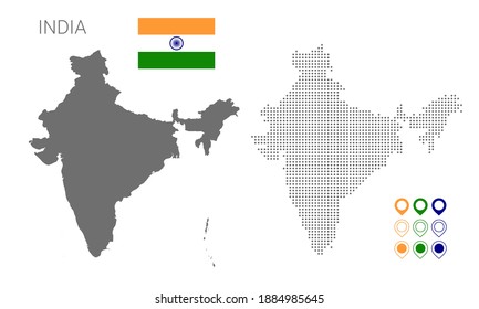 Map of India silhouette, India map dotted, Flag of India
