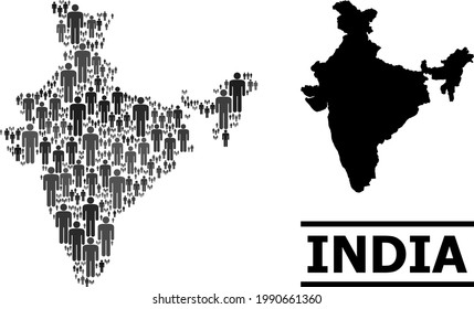 Map of India for social doctrines. Vector population mosaic. Abstraction map of India combined of social elements. Demographic scheme in dark grey color variations.