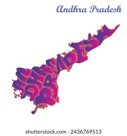 Mapa del estado indio de Andhra Pradesh con elementos de diseño floral y tipografía.