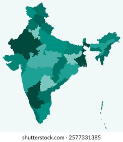 Map of India with states. Just a simple country border map with state division. Teal color palette. Flat India shape with administrative division. Vector illustration.