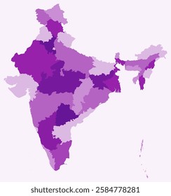 Map of India with states. Just a simple country border map with state division. Purple color palette. Blank India shape with administrative division. Vector illustration.