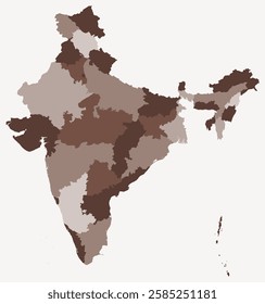 Map of India with states. Just a simple country border map with state division. Brown color palette. Blank India shape with administrative division. Vector illustration.