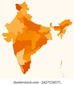 Mapa da Índia com estados. Apenas um simples mapa de fronteira do país com divisão estadual. Paleta de cores laranja. Forma de Índia plana com divisão administrativa. Ilustração vetorial.