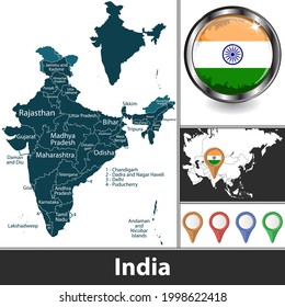 Mapa de India con estados y ubicación en el mapa asiático. Imagen del vector
