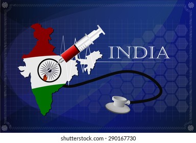 Map of India with Stethoscope and syringe.