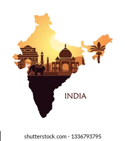 Map of India with a stylized landscape, the Taj Mahal and an elephant. Vector illustration