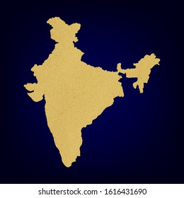 Map of India symbol concept illustration, gold map geography icon made of golden glitter dust on dark blue background.  Map of India Golden.  EPS10 vector. 