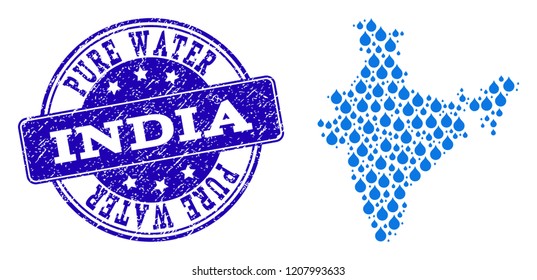 Map of India vector mosaic and Pure Water grunge stamp. Map of India created with blue aqua drops. Seal with corroded rubber texture for pure drinking water.
