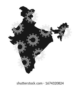 Map of India and virus symbols. Concept of covid-19 or novel corona virus in India. Flat style. Isolated on white background. 