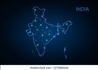 Map of India. Wire frame 3D mesh polygonal network line, design sphere, dot and structure. communications map of India. Vector Illustration EPS10. - Vector