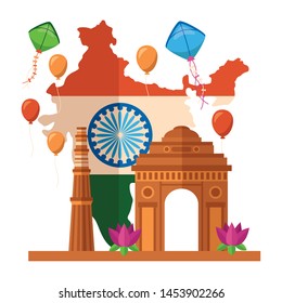 map with indian flag and gate building independence day vector illustration design