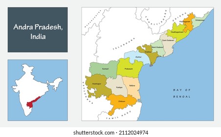 Map of Indian state of Andhra Pradesh with multi color for each district. Vector illustration of Andhra Pradesh with black outline.