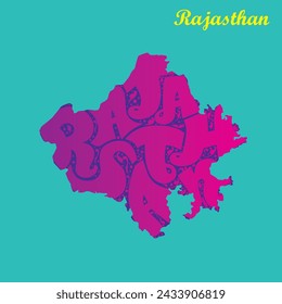 Map of the Indian state Rajasthan with typography and floral design elements.
