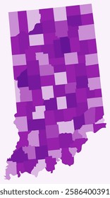Map of Indiana with counties. A simple state border map with county divisions in a purple color palette. Vector illustration.