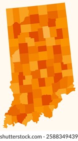 Map of Indiana with counties. A simple state border map with county divisions in an orange color palette. A blank vector illustration of the State of Indiana with administrative divisions.