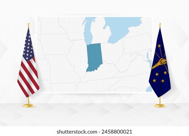 Map of Indiana and flags of Indiana on flag stand. Vector illustration for diplomacy meeting.