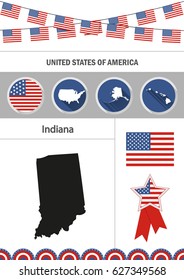 Map of Indiana. Set of flat design icons nfographics elements with American symbols.