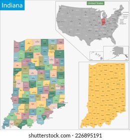 Map of Indiana state designed in illustration with the counties and the county seats