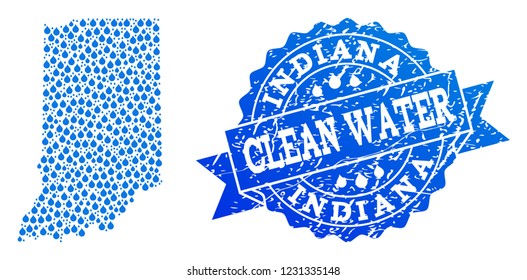 Map of Indiana State vector mosaic and clean water grunge stamp. Map of Indiana State created with blue aqua raindrops. Seal with retro rubber texture for clean drinking water.