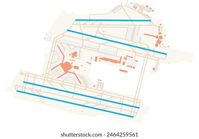 Map of Indira Gandhi International Airport (India). IATA-code: DEL. Airport diagram with runways, taxiways, apron, parking areas and buildings. Map Data from OpenStreetMap.