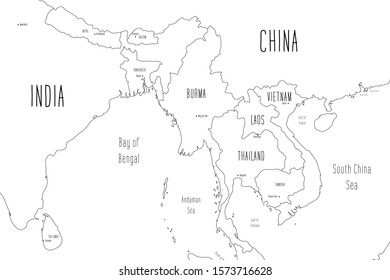 Map of Indochinese Peninsula. Handdrawn doodle style. Vector illustration.