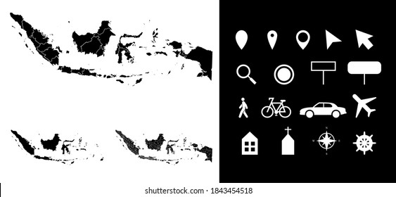 Map of Indonesia administrative regions departments with icons. Map location pin, arrow, looking glass, signboard, man, bicycle, car, airplane, house. Royalty free outline Indonesian vector map.