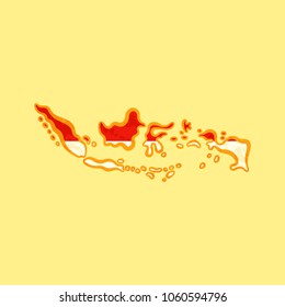 Map of Indonesia colored with Indonesian flag and marked with golden line in grunge vintage style.
