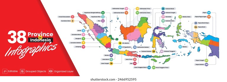 Map of Indonesia with details of 38 provinces. Displayed in different colors for each province to make it easier to understand, including infographics of province names in Indonesian and numbers.