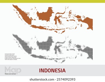 A map of Indonesia in dual designs, featuring brown-filled details and black abstract dotted patterns, isolated on a white background
