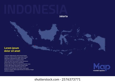 Map of Indonesia featuring rounded squares with light blue color. The name of the capital marked with a red square. Isolated on a dark blue background. Perfect for various design projects
