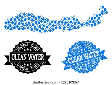 Map of Indonesia - Flores Island vector mosaic and clean water grunge stamp. Map of Indonesia - Flores Island formed with blue water drops. Seal with retro rubber texture for natural drinking water.