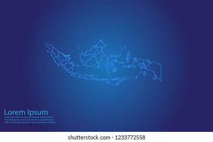 Map of indonesia - With glowing point and lines scales on the dark gradient background.french Polynesia map with country borders, thin Blue outline on Dark background.