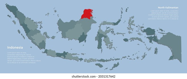 Map Indonesia - high detailed illustration map divided on regions. Blank country isolated on white background. Vector template region North Kalimantan for website, pattern, infographic