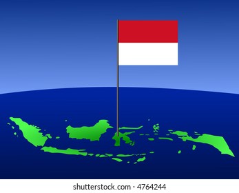 map of Indonesia and Indonesian flag on pole illustration