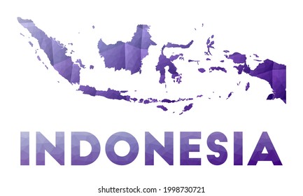 Mapa de Indonesia. Baja ilustración policial del país. Diseño geométrico púrpura. Ilustración vectorial poligonal.