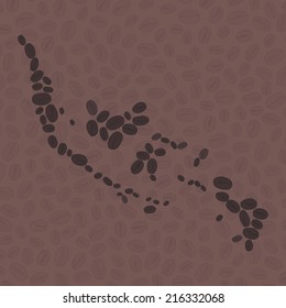 Map of Indonesia made out of coffee beans. Raw coffee beans background. Coffee beans flyer or leaflet. Indonesia map poster or card.